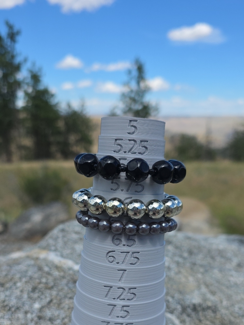 Bundle of Beaded Stackable Stretch Bracelets in Black, Silver, Gray